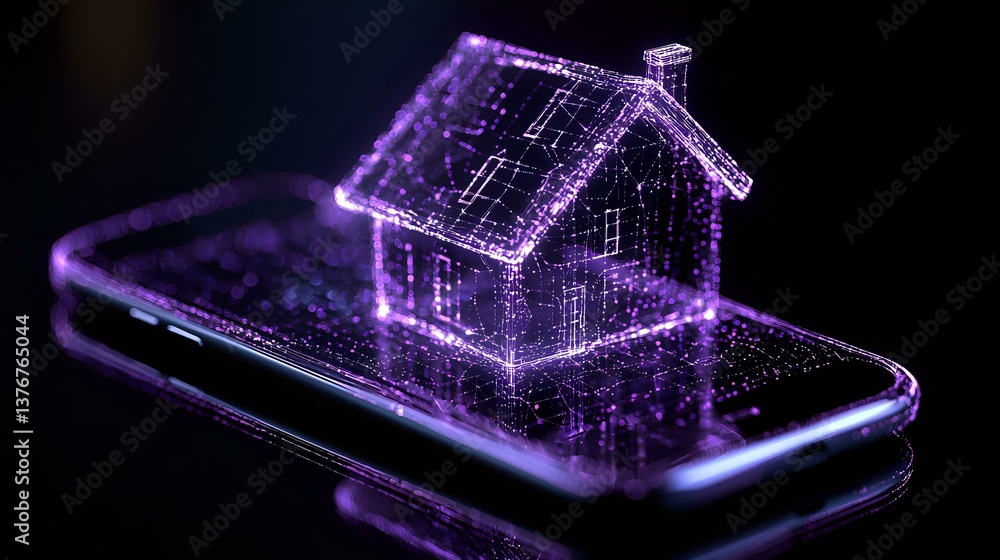 Poster glowing purple hologram house floating above smartphone screen with sparkly particle effects and dig