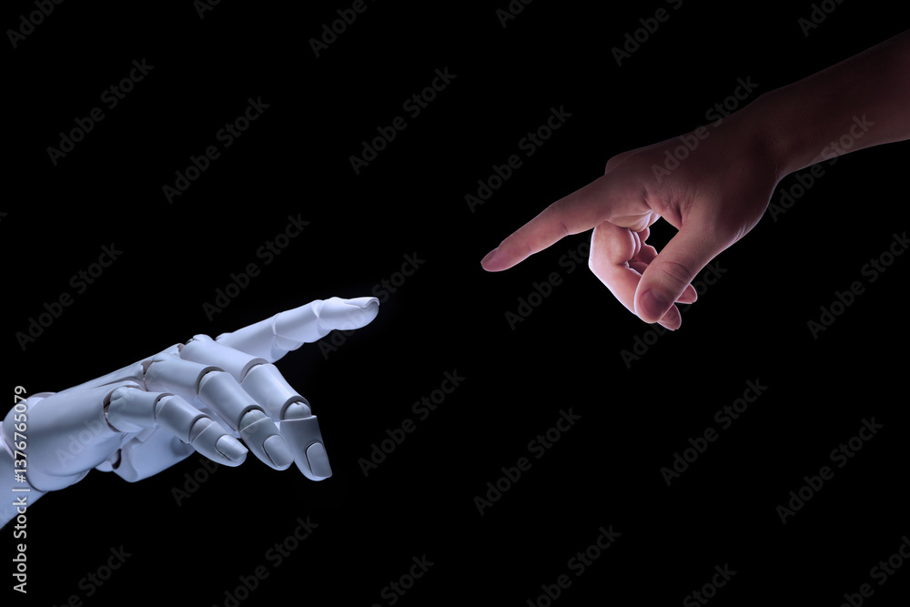 Poster artificial intelligence. man and robot reaching for each other with their hands on black background,