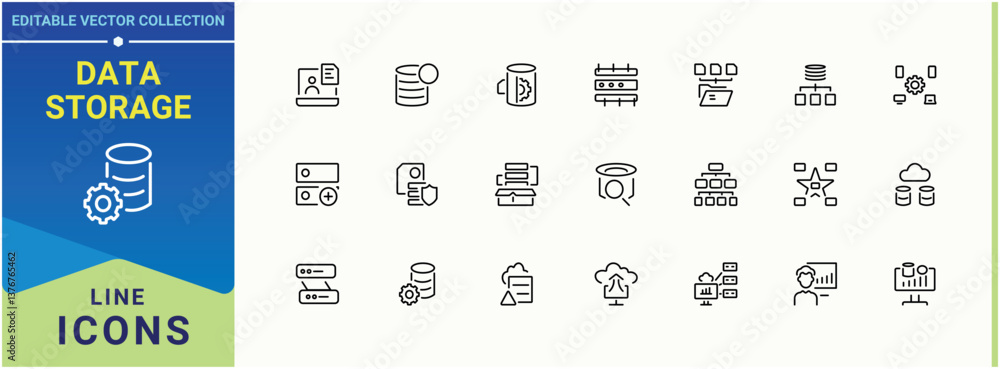 Aufkleber data storage icon set. contains such symbols as analytics, data center, host, cloud data, center, ho