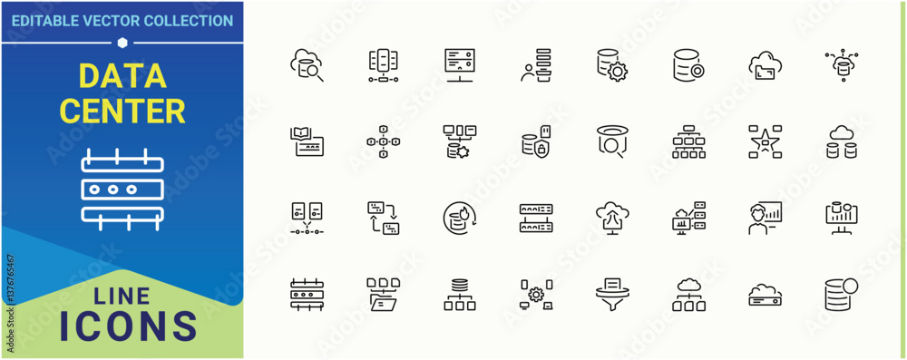 Poster data center icon collection. included host, cloud data, data, analytics, computing, hosting and more