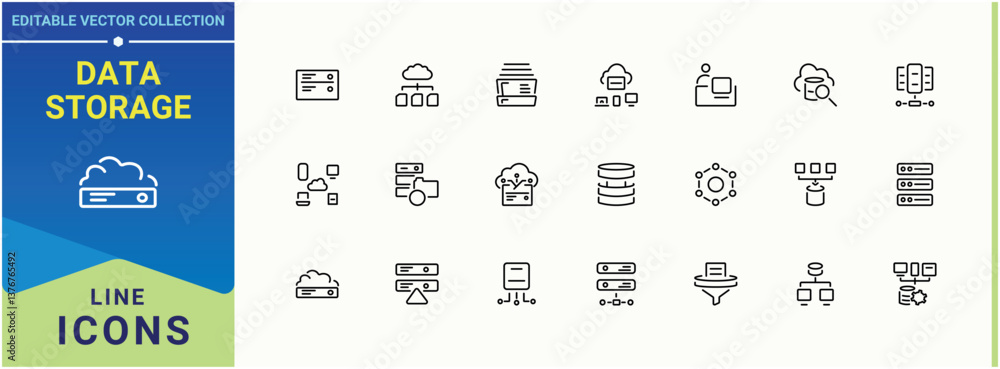 Aufkleber data storage icon set. contains such symbols as analytics, data center, host, cloud data, center, ho