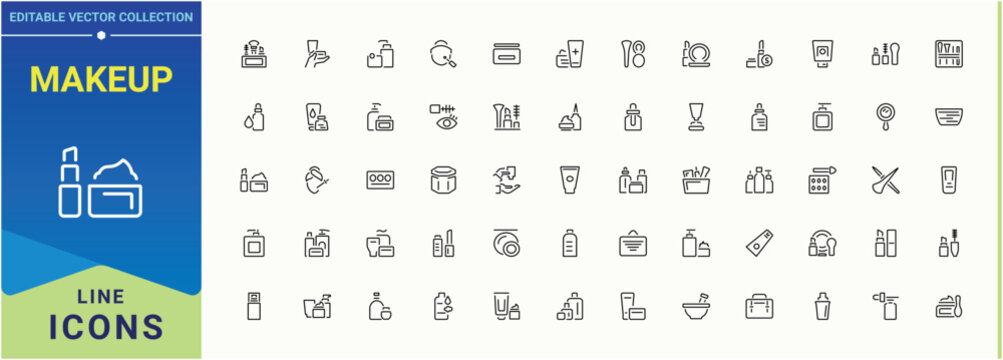 Makeup vector icon set. Contains related to skincare, product, beauty, care and more. Cosmetics line icon. Icons for UI design. Vector illustration.