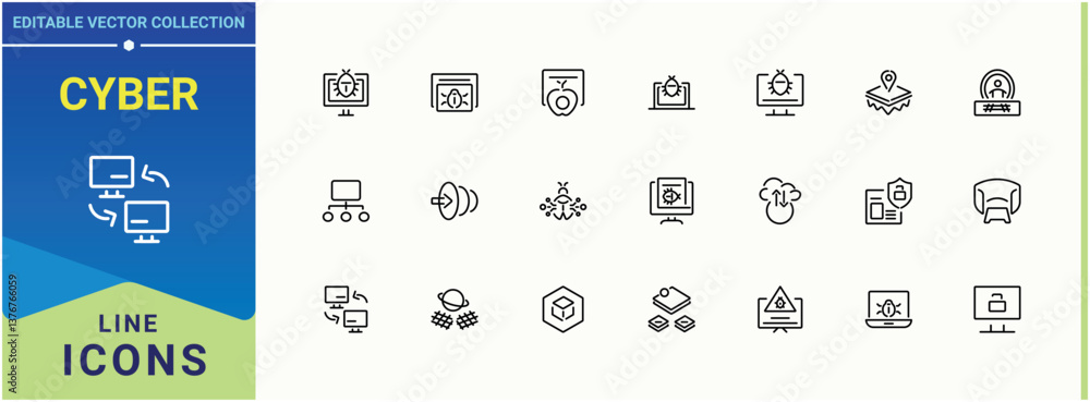 Aufkleber cyber icon set in linear style. pack of technology, hack, network, tech, net and more. cyberspace ic