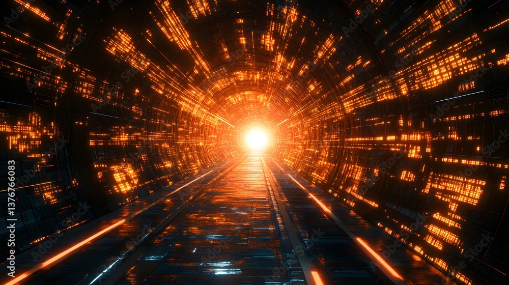 Poster enigmatic tunnel with bright lights emanating from the end creating a sense of mystery and futuristi