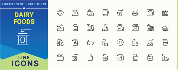 Dairy Foods icon set in linear style. Included dairy, drink, milk products and more. Dairy Products icon collection. Isolated icons. Editable stroke vector art.