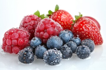 Fresh fruits and berries with water splashes on white background