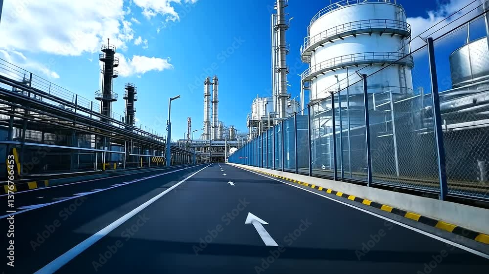 Poster an industrial landscape view showing the lng tank enclosed by an advanced fencing system with motion