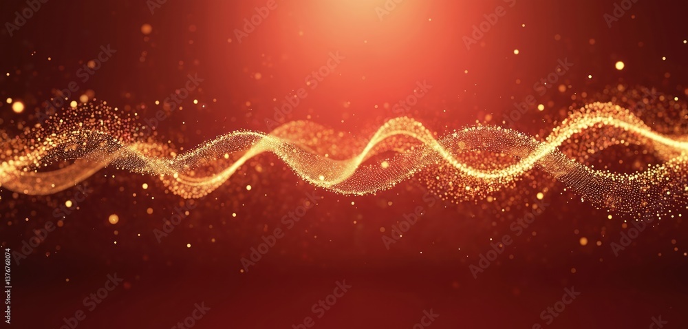 Aufkleber Abstract digital background with wavy dotted lines. Golden particles with red background, scientific tech design. Dynamic wave flow connects data for big data analysis. Futuristic illustration.