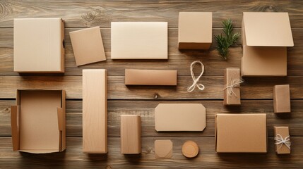 Set of cardboard boxes and packaging on wooden surface