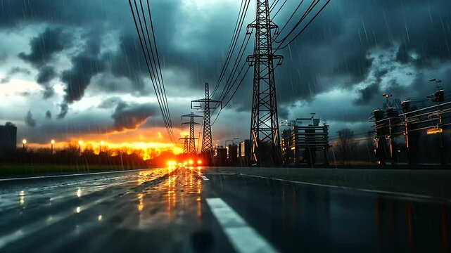 Electrical substation under torrential rain, with transformers glistening wet and steam swirling into the air, raindrops streaking across the frame as high-voltage lines buzz in th