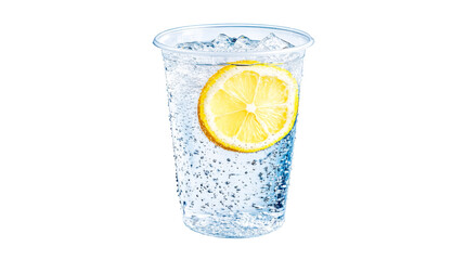 Refreshing sparkling water with lemon slice in plastic cup on transparent background