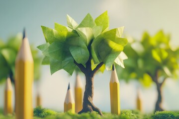 Creative tree with pencil trunk in a vibrant forest scene