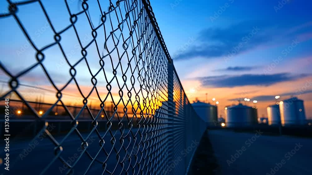 Poster high-tech perimeter fencing with embedded sensors and electronic gates surrounding a large lng tank,