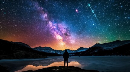 Silhouette of a person standing by a frozen lake, gazing at a vibrant Milky Way galaxy and shooting stars in a mountainous landscape at night.