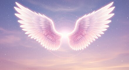 Glowing Angel Wings Against a Pastel Celestial Sky