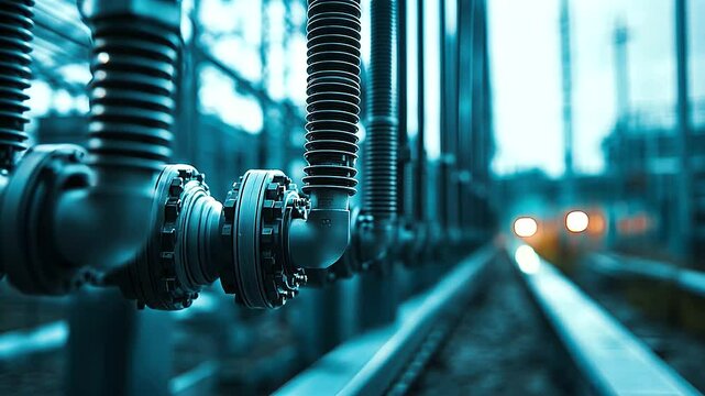 Macro view of a transformer&rsquo;s cooling system, intricate metal pipes interwoven with thick, black high-voltage cables disappearing into the ground, set against the backdrop of the b