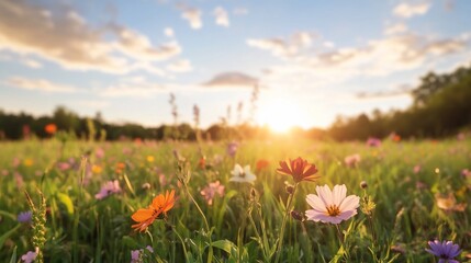 Obraz premium Sunset Wildflowers Meadow Landscape Nature Photography