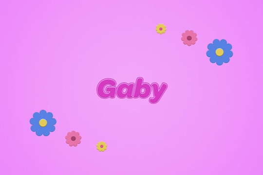 Gaby female girl name illustration in pink with blossoms, flowers