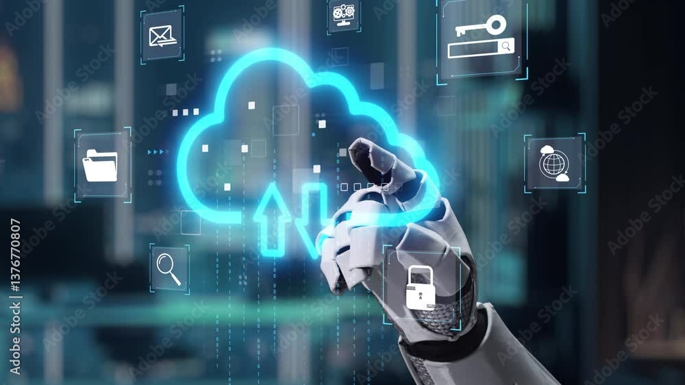 Poster a futuristic robot hand touches a glowing cloud technology interface with digital icons in a sleek w