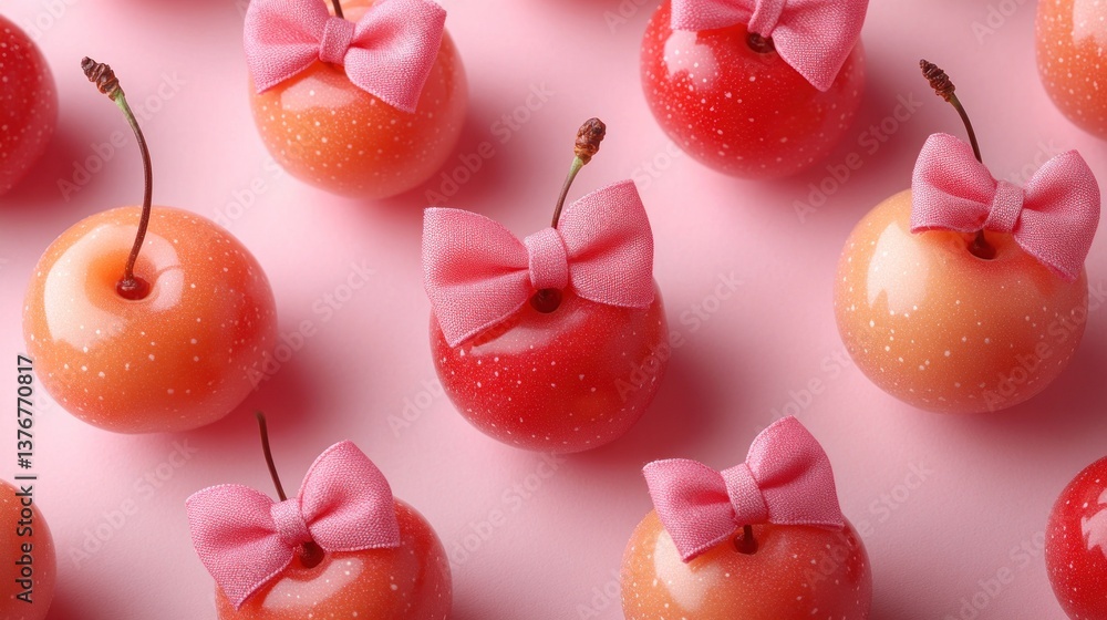 Poster pink cherries adorned with bows arranged in a repetitive pattern against a matching background