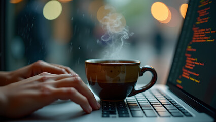 Obraz premium Coding marathon captured through hyper-detailed coffee droplets and motion-blurred programmer hands.