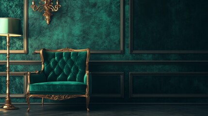 Vintage green room with classical armchair and paneling
