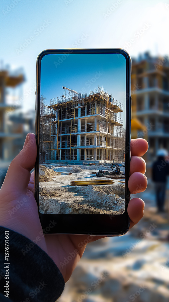 Poster hand holding smartphone displaying construction site with multi-story building under development. ba