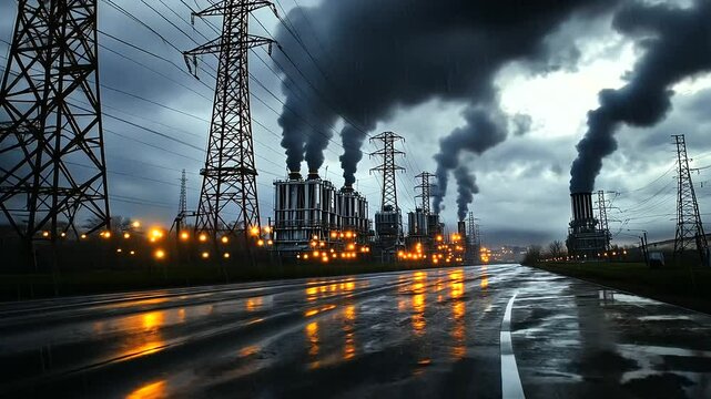 Rain-soaked scene capturing the resilience of power transformers as heated cooling fins release steady streams of vapor, heavy clouds and electric towers looming in the background