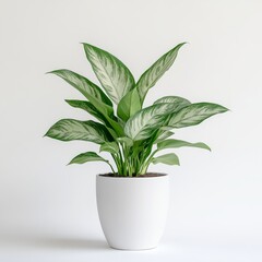 Elegant green dieffenbachia plant in white pot against neutral background.