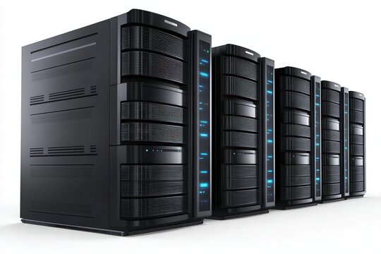 Row of powerful black server racks with glowing blue lights in a data center environment.