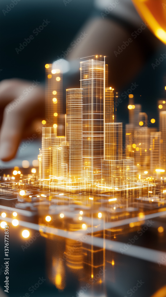 Poster digital rendering of futuristic city skyline with glowing elements. focus on urban architecture and 