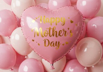 A festive image of a pink helium balloon in the shape of a heart, floating against a bright and cheerful background. The words 'Happy Mother’s Day' are printed on the balloon in a gold cursive font