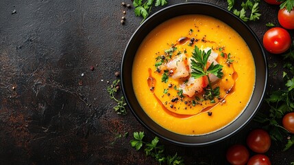 Sea food Bisque Cream-based soup of French origin Dish top view on a dark brown background