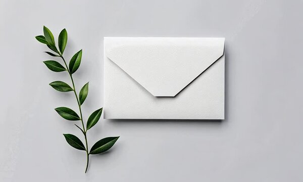 Elegant white envelope placed on a smooth surface with a green branch beside it, suggesting correspondence