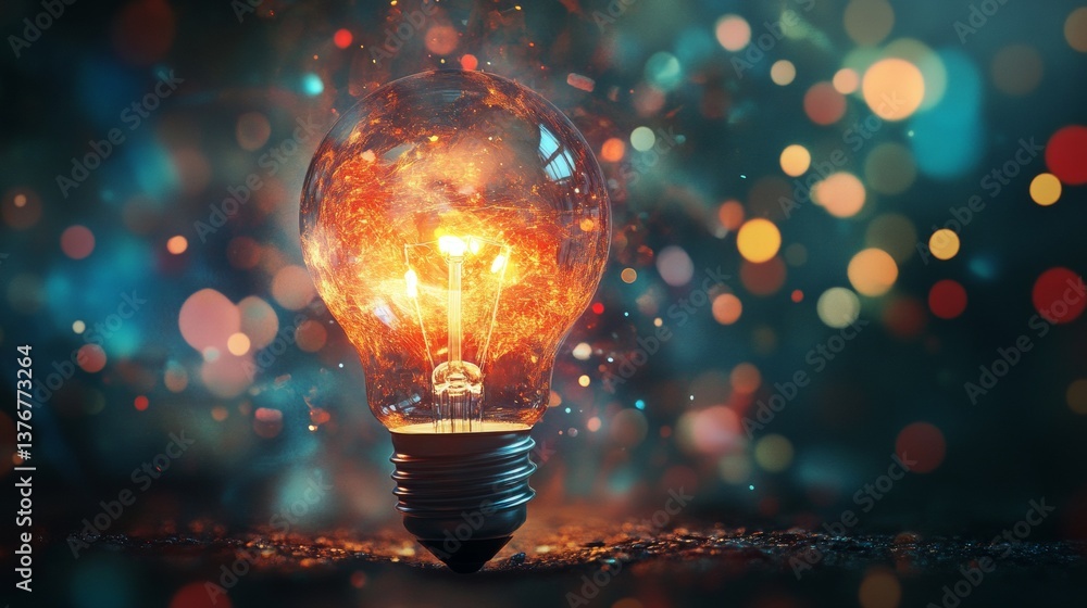 Poster lightbulb glowing with bokeh and surreal energy