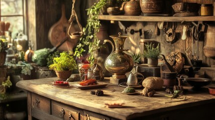 Fototapeta premium Herbalist's workshop with traditional jars and botanicals