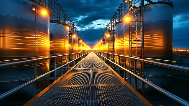 The LNG tank&rsquo;s metallic walls reflect the vibrant glow of perimeter safety lights, with layers of pipes and steel platforms casting shadows against the illuminated night sky