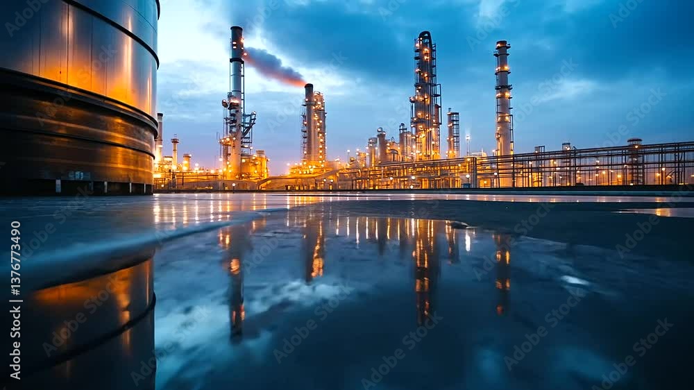 Poster the smooth metallic skin of the lng storage tank reflects a network of glowing lights from surroundi