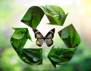 A recycling symbol formed by green leaves with a butterfly at the center, against a blurred green background