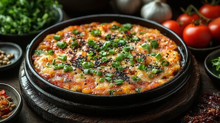 Korean Food Pajeon Dish top view on a dark brown background