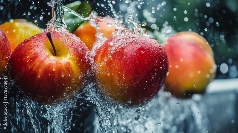 Poster red apples splashed with water in dynamic close-up