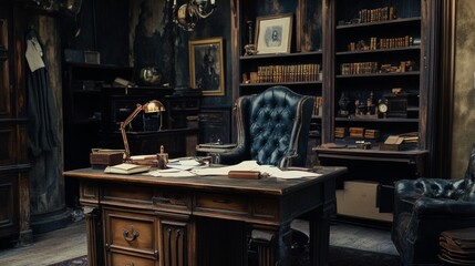 Antique vintage office desk in dark wooden library room