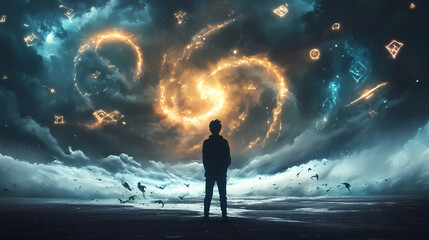 Fototapeta premium person facing swirling storm runes