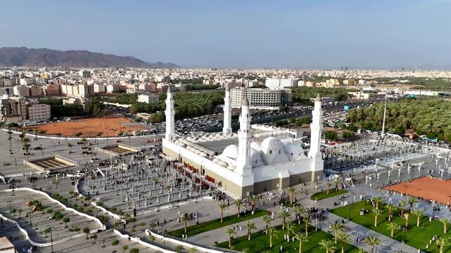 Quba Mosque 4K drone fly video - Masjid Quba in Medina, Saudi Arabia the oldest mosques in the world founded by the Great Prophet Muhammad SAW. 