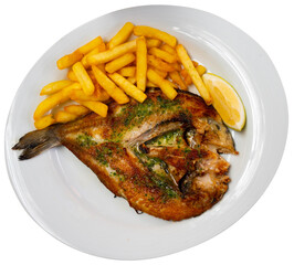 Appetizing grilled gilthead sea bream fish served with potatoes on platter. Isolated over white background