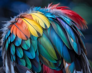 Fototapeta premium A close-up view of intricately patterned bird feathers showcasing a stunning array of colors, including reds, oranges, yellows, greens, and blues.