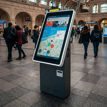 A digital information kiosk displaying a map and details, standing in a busy train station with people walking in the background