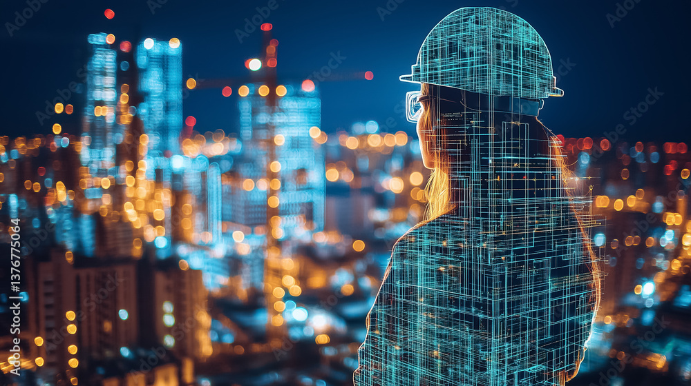 Poster engineer looking at illuminated city skyline at night with digital overlay. urban setting showcasing
