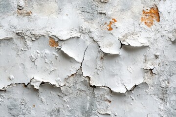 Obraz premium Close-up of a weathered, peeling white plaster wall showing cracks and orange-brown patches, revealing wear and texture.