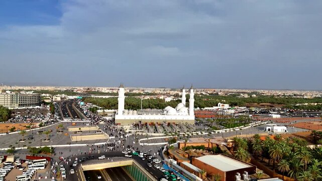 Quba Mosque 4K drone fly video - Masjid Quba in Medina, Saudi Arabia the oldest mosques in the world founded by the Great Prophet Muhammad SAW. 